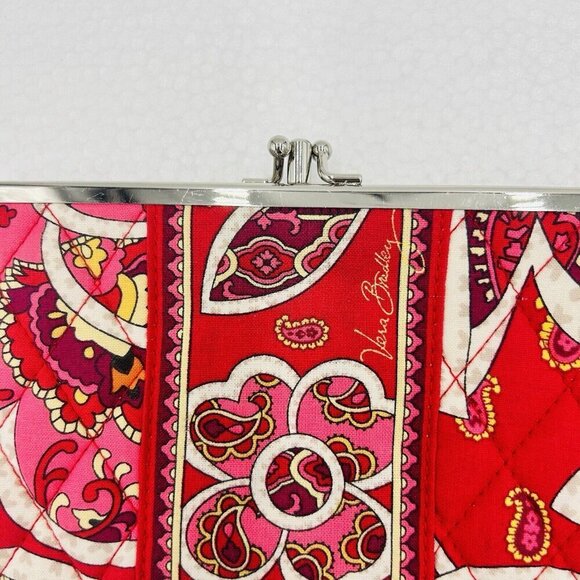 Vera Bradley Rosy Posies Retired Kiss Lock Clutch Wallet Quilted Pink Red - Picture 3 of 6